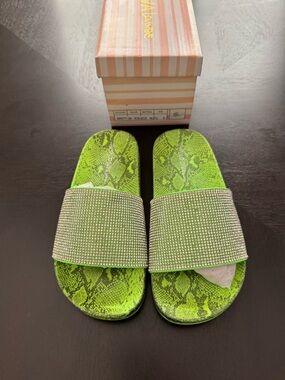 Neon Green Snake Print Rhinestone Slide Sandals